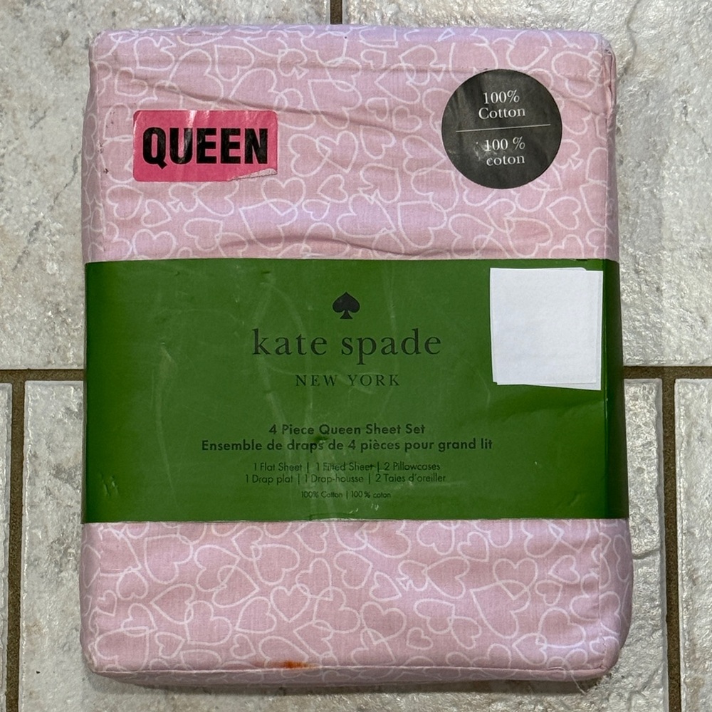 Kate Spade‎ Queen Sheet Set Pink & White Cotton Percale Sweet Valentine
